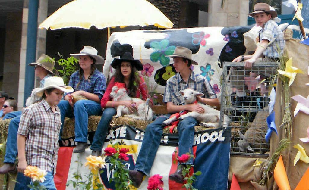 Warwick State High School’s colourful creation from last year’s parade.